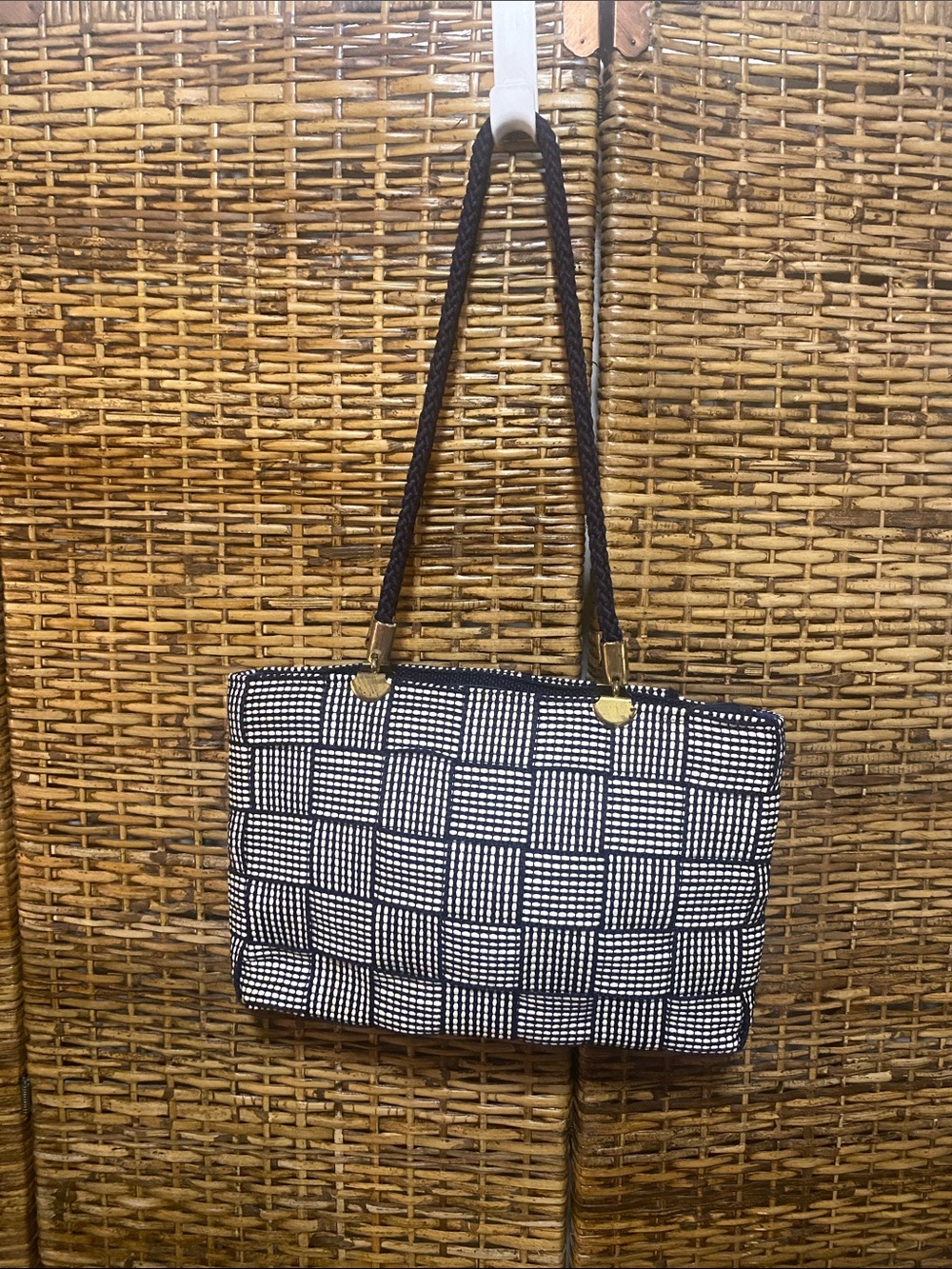 Vintage 60s – 70s GIOVANNI MADE in Italy navy blue seatbelt strap style tote